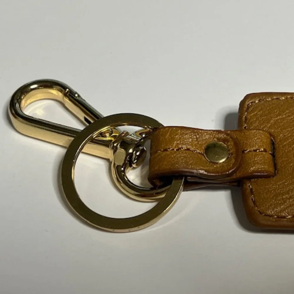 Tignanello Brown Leather Metal Key Fob Purse Clip & Ring Hang Tag